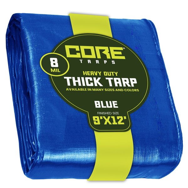 Core Tarps 12 ft L x 0.5 mm H x 9 ft W Heavy Duty 8 Mil Tarp, Blue, Polyethylene CT-405-9X12